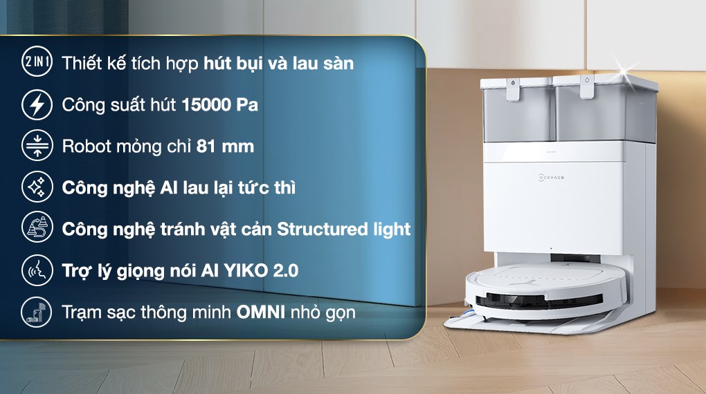 Robot hút bụi lau nhà Ecovacs Deebot T50 OMNI tự quay về đế sạc khi pin yếu