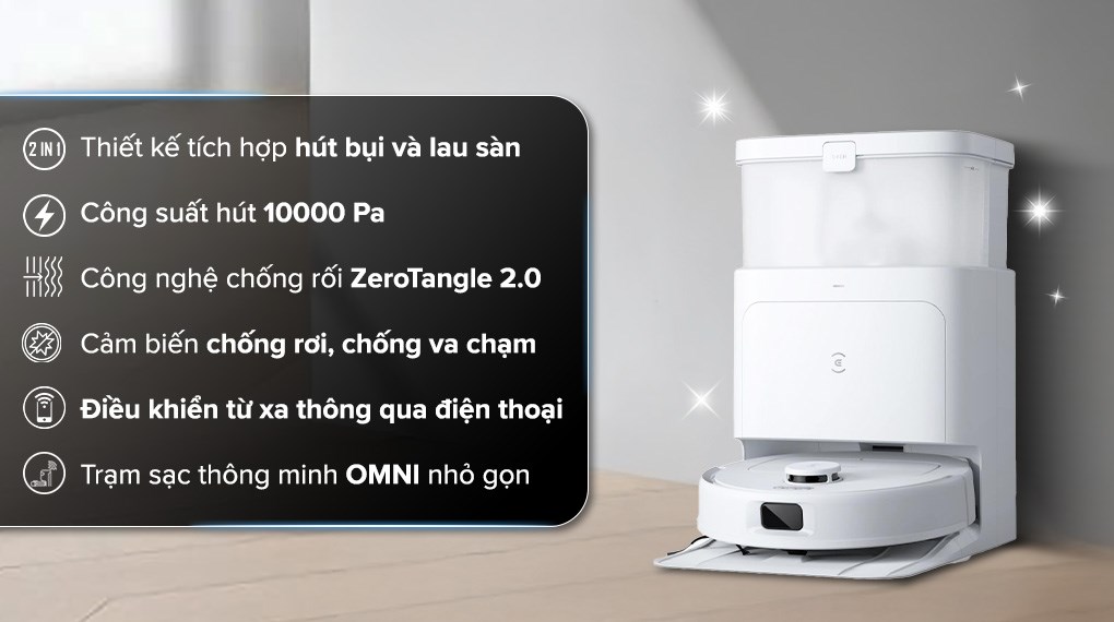 Robot hút bụi lau nhà Ecovacs N30 PRO OMNI với lực hút mạnh mẽ lên đến 10000 Pa giúp tối ưu hiệu quả hút bụi, làm sạch mọi bụi bẩn