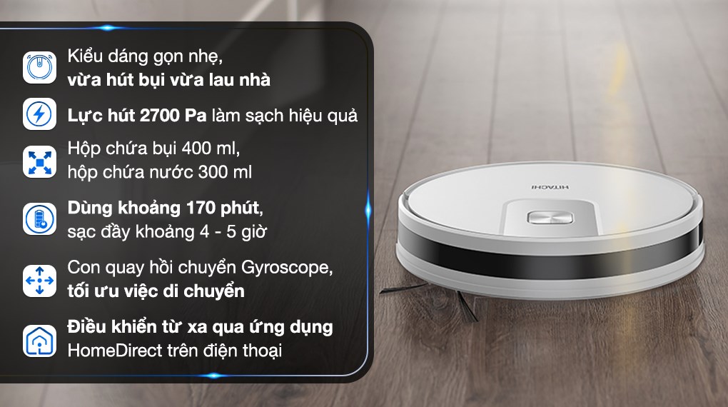 Robot hút bụi lau nhà Hitachi RV-X15N với dung tích hộp chứa bụi là 400 ml, giúp chứa được nhiều bụi bẩn hơn trong một lần dọn dẹp