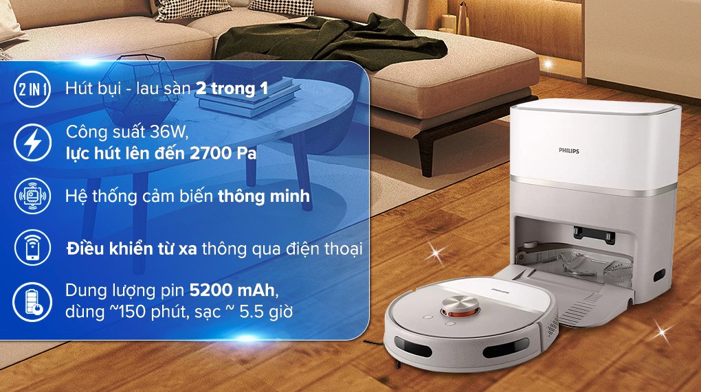 Robot hút bụi lau nhà Philips XU6500/82 có thể điều khiển qua ứng dụng HomeRun Robot trên điện thoại vô cùng thuận tiện.