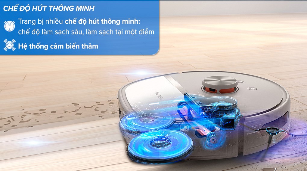 Robot hút bụi lau nhà Philips XU6500/82 được trang bị hệ thống cảm biến thảm, robot sẽ tự động tăng lực hút trên thảm, tự động tránh thảm khi lau ướt,... 