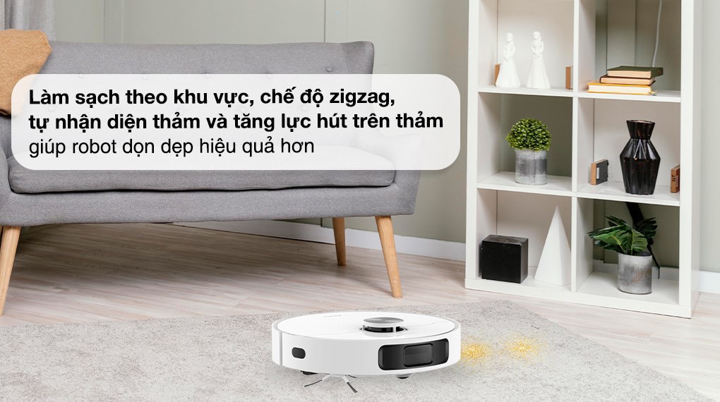 Robot hút bụi lau nhà Dreame L10 Ultra  gồm các chế độ làm việc khác nhau: làm sạch theo khu vực, chế độ zigzag, tự nhận diện thảm và tăng lực hút trên thảm.