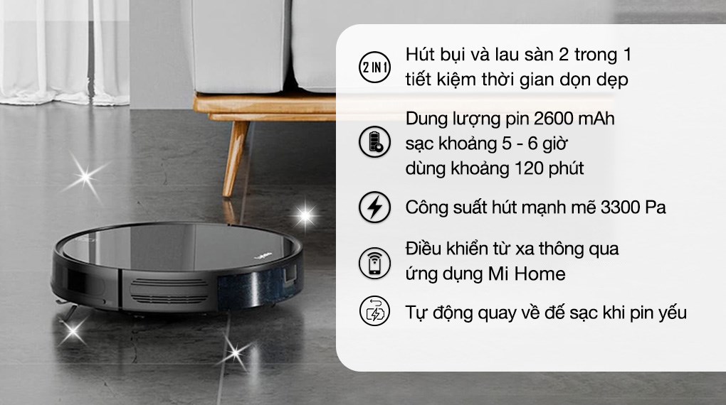 Robot hút bụi lau nhà Lydsto G1 với lực hút 3300 Pa, có thể hút sạch các loại bụi bẩn bám trên sàn nhà một cách hiệu quả
