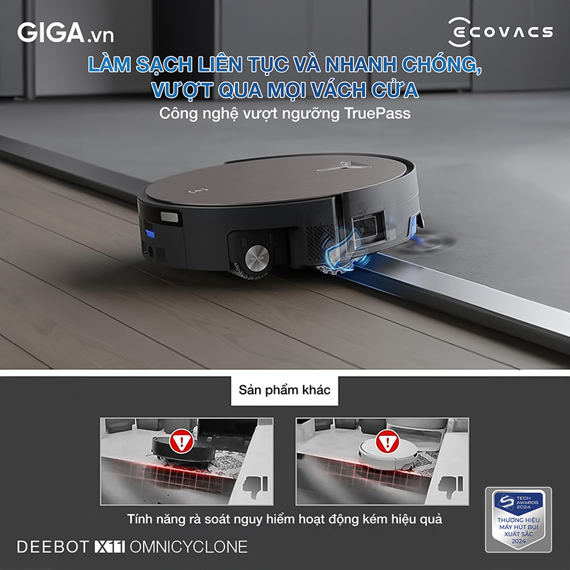TruePass sử dụng cơ chế leo dốc cơ khí tiên tiến, giúp robot Ecovacs X11 OmniCyclone vượt qua hầu hết các ngưỡng cửa trong nhà.