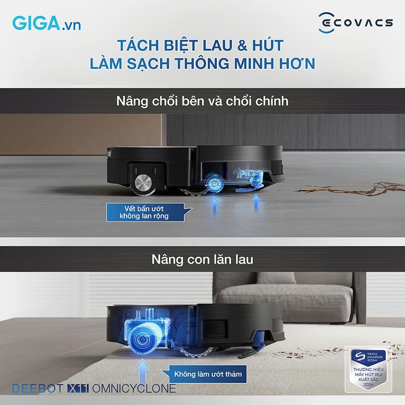 Hệ thống Triple Lift hoàn toàn mới trên robot hút bụi lau nhà DEEBOT X11 OmniCyclone là một giải pháp làm sạch thông minh.