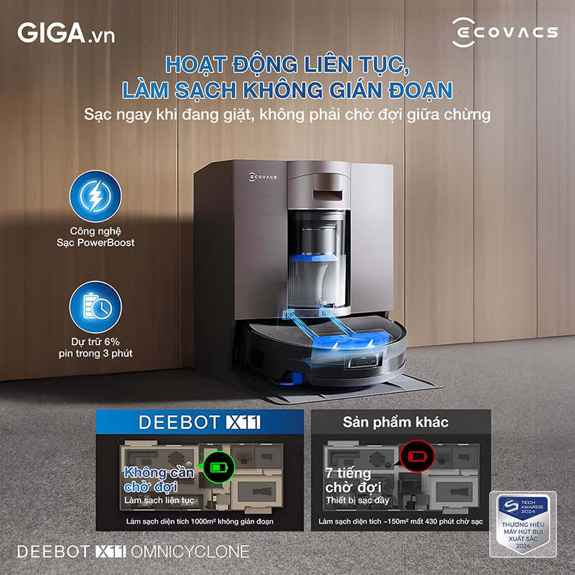 Công nghệ PowerBoost đột phá trên DEEBOT X11 OmniCyclone mang đến trải nghiệm làm sạch vượt trội với các đợt nạp năng lượng siêu nhanh, giúp thiết bị vận hành mượt mà, không ngừng nghỉ.