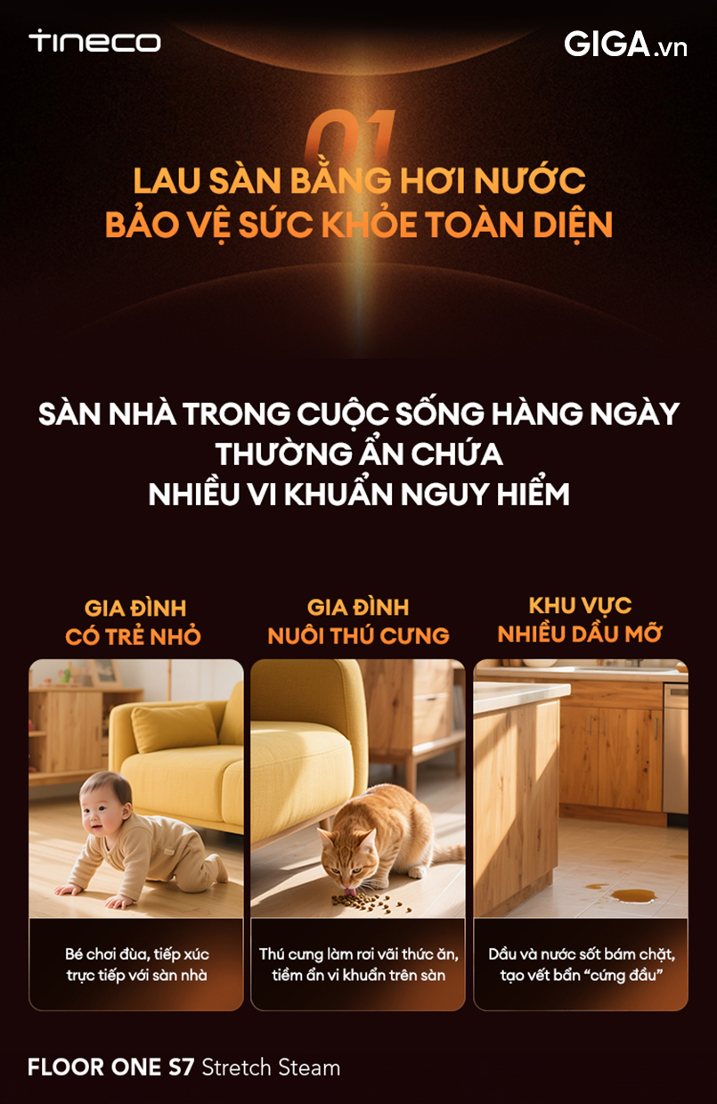 máy hút bụi Tineco S7 Stretch Steam với sức mạnh hơi nước 160°C đánh bay mọi vết bẩn