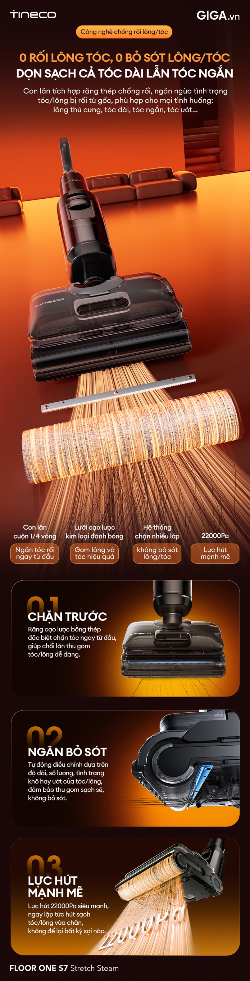 Công nghệ chống rối DualBlock, giúp Tineco FLOOR ONE S7 Stretch Steam xử lý hiệu quả tình trạng tóc và lông thú cưng trên sàn nhà