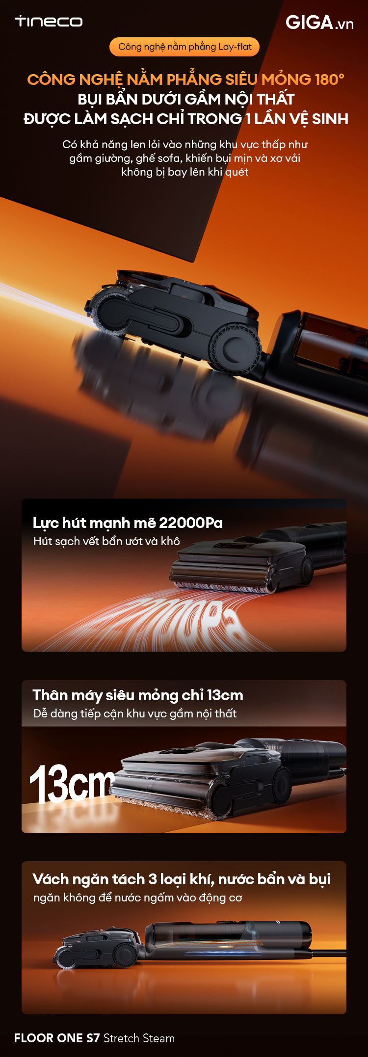 máy hút bụi lau nhà Tineco FLOOR ONE S7 Stretch Steam có thể nằm ngang hoàn toàn 180°