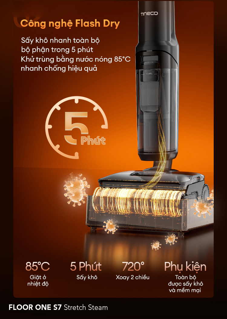 hệ thống tự làm sạch FlashDry tiên tiến với máy hút bụi Tineco S7 Stretch Steam
