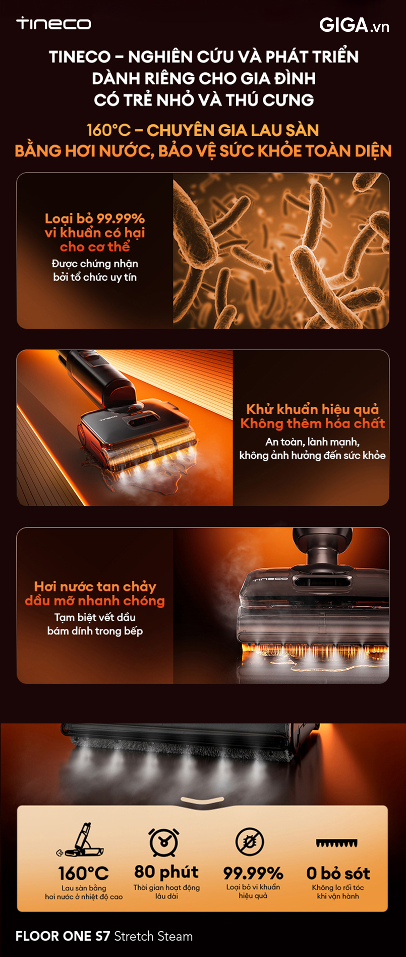 Máy hút bụi Tineco S7 Stretch Steam với sức mạnh hơi nước 160°C đánh bay mọi vết bẩn.