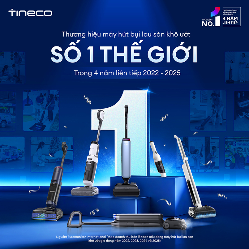 Tineco - Tự hào là thương hiệu máy hút bụi lau nhà khô ướt số 1 thế giới trong 4 năm liên tiếp